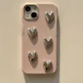Pink leather iPhone case with 3D silver hearts, stylish protective cover for various models. - Litchi Texture Five Hearts (Back Cover) / iPhone X/XS / Pink
