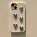 Luxury 3D silver heart leather phone case for iPhone, elegant protective back cover. - Litchi Texture Five Hearts (Back Cover) / iPhone X/XS / White