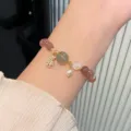 Sweet crystal beaded bracelet with cute bear charm strawberry quartz pearl for women. - Strawberry Quartz