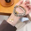 Pulsera de cuentas multicapa de estilo vintage chino de piedra jaspe con borla de flor - Serie Blanco y Negro