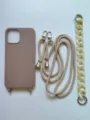 Khaki silicone phone case with braided lanyard and resin chain strap for iPhone compatibility. - Milk Tea