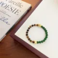 Natural yellow tiger's eye and green bead bracelet with gold ingot charm for chic. - Single Strand Mixed Beads With Ingot / Ingot Style