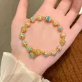 Elegant gold-plated enamel beaded bracelet with retro butterfly pendant for women fashion jewelry - 2 Blue Pink Beads + Butterfly Pendant
