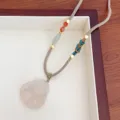 Natural white agate Buddha pendant long sweater chain with braided rope and vintage beads detail. - 4 Light Khaki