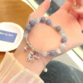Chic blue cat charm bead bracelet detail shot, elegant vintage style jewelry for daily wear. - Cat And Fish