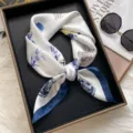 Summer floral 70cm square silk scarf, elegant blue and white porcelain design for women. - Blue and White Small Bell