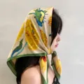 French floral small square silk scarf, yellow sunflower print, elegant headscarf for women. - Sunflower Oil Painting