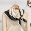 Black and white floral silk square scarf, elegant neckerchief for modern women. - Line Drawing Peony - Black