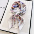 Women silk square scarf floral art print lightweight neckerchief stylish hair band bag ribbon - Ostrich Paradise - White