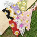 Handmade crochet floral hair bandana cute daisy knit triangle kerchief pastoral head wrap - Multicolor