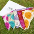 Detailed view of handmade crochet heart knit triangle headband, cute pastoral hair scarf for girls. - Multicolor