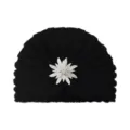 Black knitted turban hat with sparkly rhinestone flower brooch for women winter warm headwear - One Size / Black