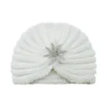 White knitted turban hat with sparkling crystal rhinestone flower brooch, warm winter beanie cap. - One Size / Cream