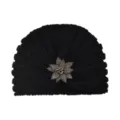 Black knit turban hat with rhinestone flower brooch, warm winter beanie for women stylish. - One Size / Black