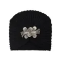 Black knitted beanie winter warm turban hat with crystal rhinestone flower brooch accessory. - One Size / Black