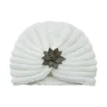 White knitted turban hat with rhinestone flower, autumn winter warm beanie cap for women variant. - One Size / Cream
