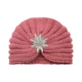 Pink knit turban hat with rhinestone brooch crystal flower warm winter cap variant. - One Size / Dusty Pink