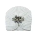 White knitted turban hat with rhinestone flower brooch, warm winter slouchy beanie cap for women. - One Size / Cream