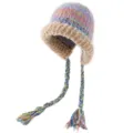Bunte gestrickte Plüsch Ohrenklappen Mütze mit langen geflochtenen Quasten für den Winter - bunt