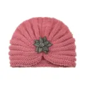 Pink knitted turban hat with rhinestone flower brooch, warm winter slouchy beanie cap for women. - One Size / Dusty Pink