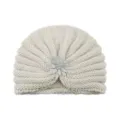Beige knitted turban hat with sparkly rhinestone flower brooch, warm winter slouchy beanie. - One Size / Beige