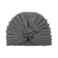 Grey knitted turban hat for women, featuring a sparkling rhinestone crystal flower brooch. - One Size / Medium Grey