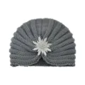 Grey Knitted Turban Hat with Sparkly Rhinestone Brooch Winter Warm Beanie for Women - One Size / Medium Grey