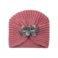 Pink knit turban hat for women, winter warm beanie with crystal rhinestone flower brooch. - One Size / Dusty Pink
