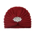 Bonnet turban en tricot strass pour femmes, bonnet d'hiver chaud élégant avec broche fleur. - Taille unique / Bordeaux