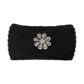 Black knitted headband with sparkling rhinestone flower, cozy winter hair accessory SKU - Black