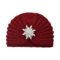 Red knitted turban hat with rhinestone flower brooch, warm winter beanie for women. - One Size / Jujube Red