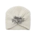 White knitted rhinestone flower turban hat, autumn winter warm beanie cap for women. - One Size / Beige
