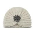Beige knitted turban hat with sparkling crystal flower brooch, warm winter beanie for women. - One Size / Beige