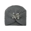 Grey rhinestone flower knitted turban hat for women, warm winter beanie headwear. - One Size / Medium Grey