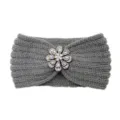 Grey Knitted Headband with Sparkly Crystal Flower Rhinestone Hair Band for Women Winter - Medium Grey