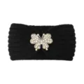 Black knitted headband with sparkling rhinestone butterfly decor, warm winter hair accessory - Black
