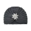 Grey knit turban hat with rhinestone flower brooch, warm winter beanie for women. - One Size / Dark Gray