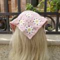 Handmade knitted daisy crochet bandana pink floral hair scarf pastoral aesthetic hair band - Pink