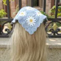 Handmade crochet daisy floral bandana blue knitted hair scarf boho cute pastoral head wrap for women - Blue