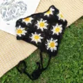 Crochet floral triangle bandana, black and yellow daisy knitted hair scarf for spring summer. - Black