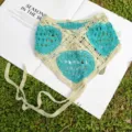 Crochet Heart Headband Variant, Beige and Blue Hollow Triangle Scarf for Spring Summer. - Cream and Cyan Patchwork / Green