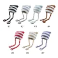 Detail view of cute plush striped cat ear beanie with cat paw straps in seven colors. - Multicolor