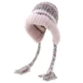 Fashionable dopamine plush knit hat with braided tassels and warm earflaps for women. - Dusty Pink