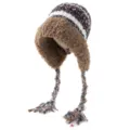 Fluffy knitted winter hat with earflaps and colorful tassel braids, warm and stylish beanie. - Black Khaki