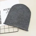 Dark grey solid color knitted beanie hat, minimalist rolled cuff warm winter pullover hat. - Dark Gray