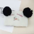 White plush headband with black pom poms cute puppy embroidery soft cozy winter hair band. - Polar Bear