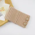Khaki knit headband with pearl buttons, stylish cozy hair band for women and daily wash. - Camel
