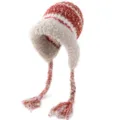 Plush knit earflap beanie with braided tassels, cozy winter thermal dopamine hat. - Red
