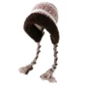 Fluffy knit earflap beanie hat with braided tassels winter warm dopamine pullover cap for women - Khaki Brown