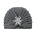 Grey knitted turban hat with sparkling rhinestone flower brooch for women warm winter headwear - One Size / Medium Grey